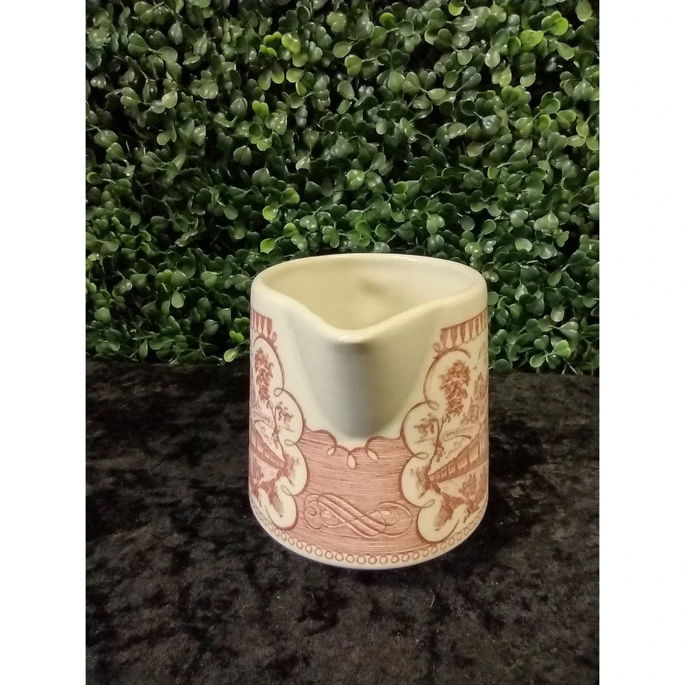 Vtg Mauve Red Transferware Creamer Locomotive Train Scene Unbranded Pink Rose